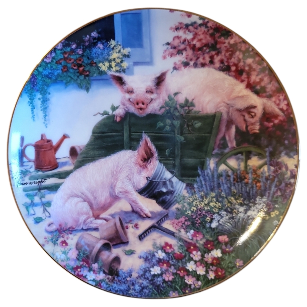 Vtg 97 Squealbarrow Joan Wright Pigs In Bloom Danbury Mint Collector Plate Gold